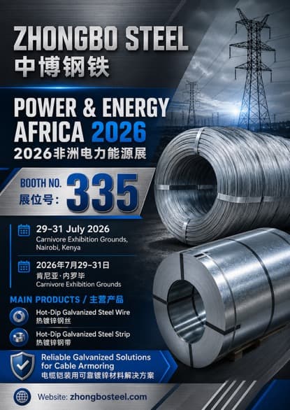 Zhongbo Steel exhibition poster for Power & Energy Africa 2026, Booth No. 335, Nairobi — hot-dip galvanized steel wire and steel strip for cable armoring