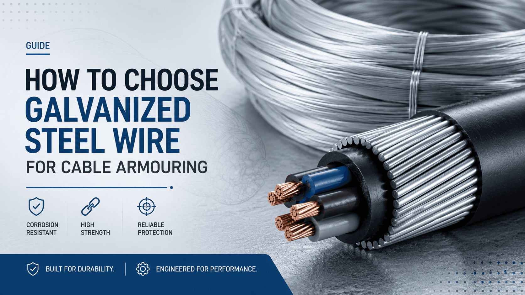 Galvanized steel wire coils with a cutaway armored cable showing steel wire armouring, insulation layers, and copper conductors.